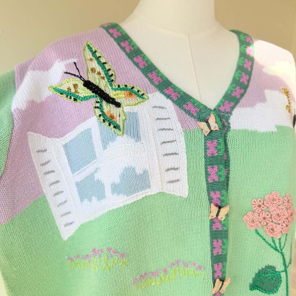 Vintage Storybook Butterfly and Floral Garden Knit Cardigan Sweater